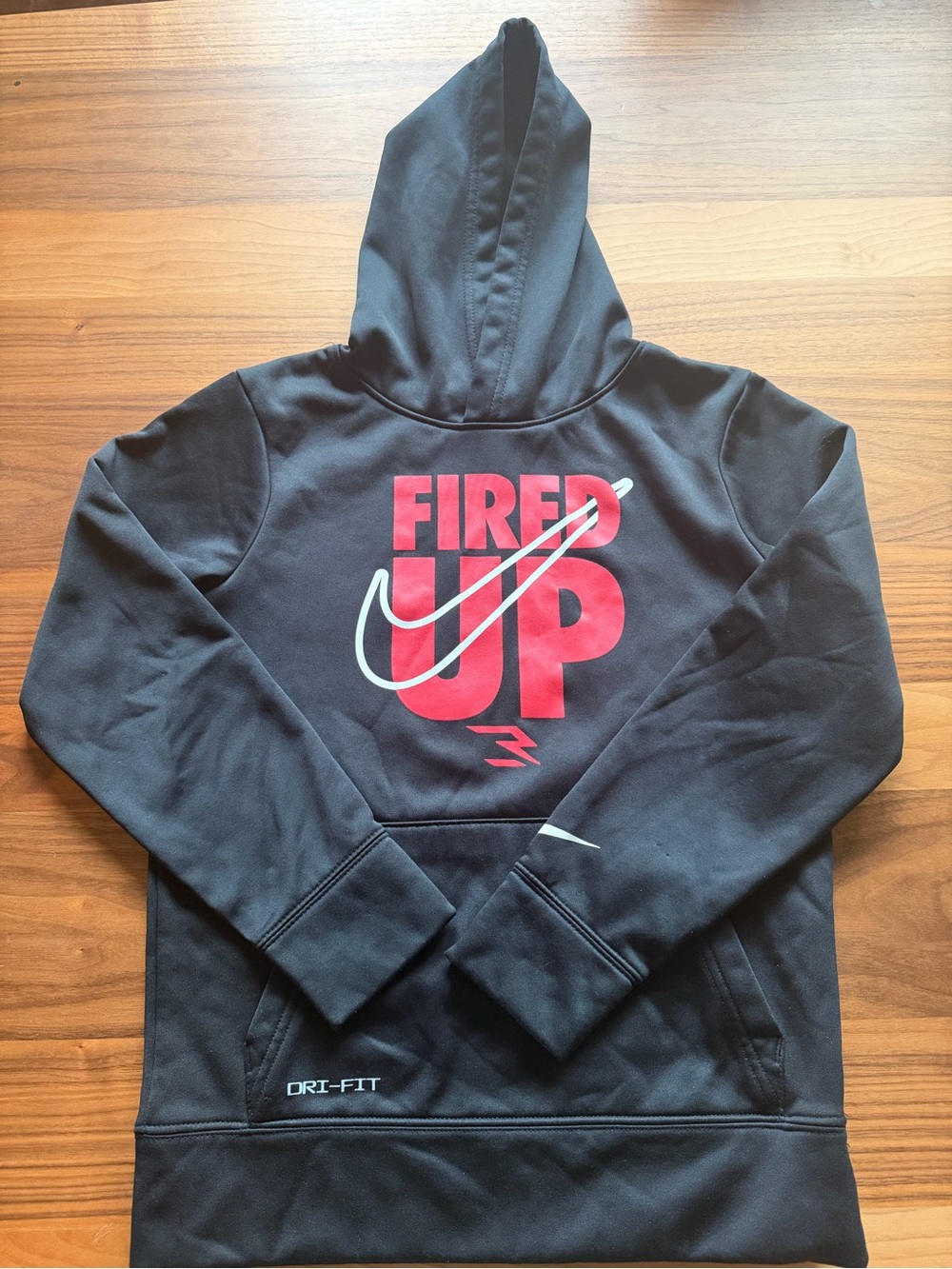 Nike Black long sleeve Hoodie with Red "Fired Up" Graphic and White Swoosh